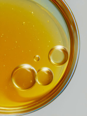 Delicate golden spheres float within a pristine liquid, their luminous surfaces reflecting subtle...