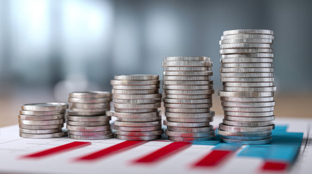 Rows of glaming coins progress upward over a blurred office backdrop, illustrating expanding wealth and successful financial planning over time.の写真素材