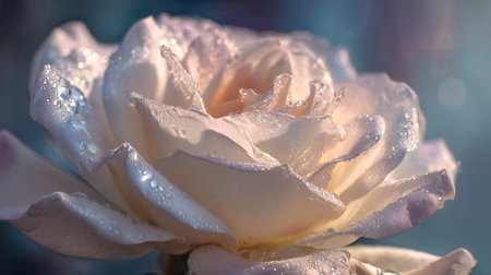 A delicate pastel rose adorned with tiny dewdrops reflects the first light of dawn, embodying pure elegance and the tranquil charm of nature's gentle artistry.の写真素材