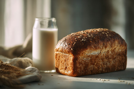 A warm, inviting scene featuring a hearty whole grain loaf and a velvety glass of milk, bathed in gentle daylight that highlights the cozy, rustic setting.の写真素材