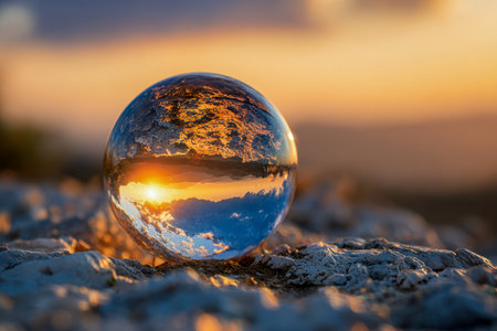 A pristine glass orb on rugged ground reflections a stunning sunset with vivid hues, creating a surreal inverted landscape against a mountain backdrop.の写真素材