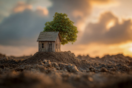 A miniature wooden house on a mound of soil, with a tree nearby, under a dramatic cloudy sky at sunsetの写真素材