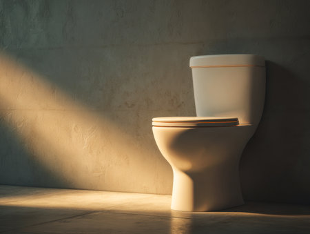 A sleek, contemporary toilet bathed in soft sunlight, set against textured walls and smooth tiles that evoke tranquility and understated elegance.の写真素材
