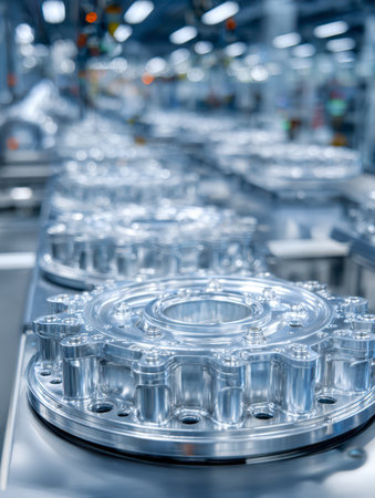 A gleaming metallic part with intricate gear patterns rests under bright factory lighting, highlighting cutting-edge craftsmanship in a sleek industrial setting.の写真素材