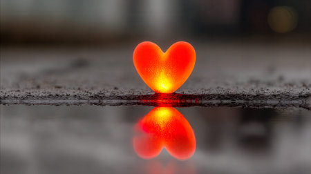 A luminous red sculpture rests on damp pavement, its mirrored finish reflecting soft twilight hues,...
