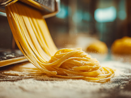 A rustic kitchen scene where a skilled home cook shapes soft dough into delicate strands, dusted with flour on a wooden countertop, evoking warmth and culinary craftsmansの写真素材