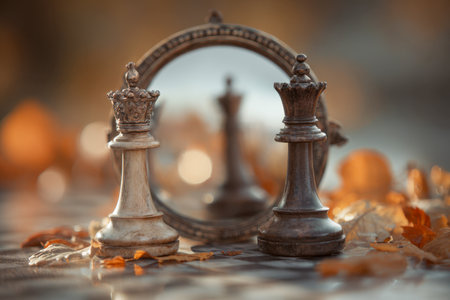 An elegant queen sculpture casts a mysterious shadow in a richly decorated mirror, set upon a checkered board blanketed with amber and rust-colored leaves.の写真素材