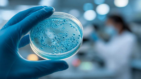 A researcher examines intricate bacterial growth patterns in a sterile lab setting, highlighting...