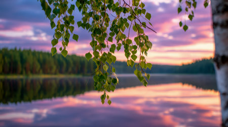 Gentle foliage shadows a tranquil lake mirroring a vibrant sunset hue, with a distant woodland silhouette enhancing the peaceful evening atmosphere.の写真素材