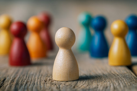 A solitary wooden token takes prominence on aged wood, while vibrant, out-of-focus game pieces in the background symbolize strength, confidence, and standing apart.の写真素材