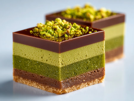 Elegant pistachio and chocolate mousse bars featuring smooth layers and a crunchy nut topping, embodying luxurious indulgence for sophisticated gatherings.の写真素材