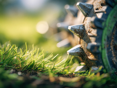 A detailed view of a rugged, metallic container with sharp protrusions rests on vibrant grass, illuminated by warm sunlight, evoking tranquility amid nature's textures.の写真素材