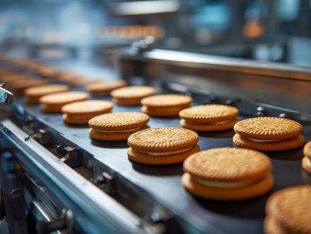 Uniformly arranged sandwich cookies glide steadily on a sleek conveyor in a contemporary manufacturing setting, highlighting efficiency and precision.の写真素材