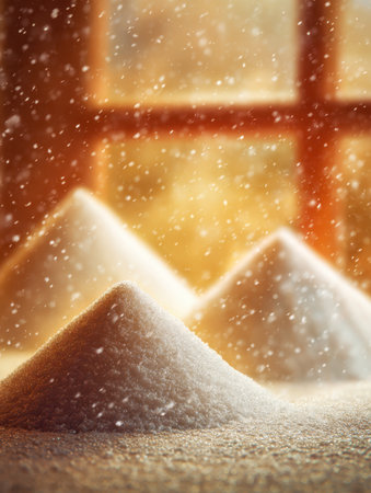 Delicate sugar mounds catch golden rays, their sparkling particles drifting softly onto a rustic wooden base, evoking a scene of sweet serenity and enchantment.の写真素材