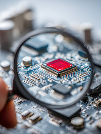 A close-up of a vibrant red microprocessor embedded within an intricate network of circuitry, revealing fine detail of tiny components and interwoven pathways.の写真素材