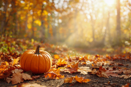 Amidst rust-colored foliage, a vibrant orange gourd rests on a sunlit woodland trail, evoking cozy autumn afternoons during the year's golden glow.の写真素材