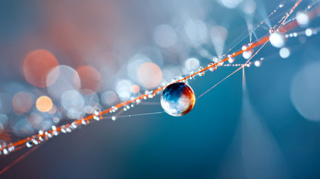 A fine, intricate web shimmering with tiny dew drops, set against a colorful blurred backdrop of azure and amber in gentle daylight.の写真素材