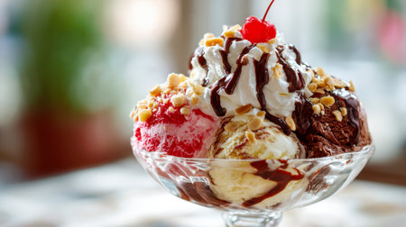 A vibrant trio of ice cream flavors draped with glossy chocolate drizzle, fluffy whipped cream, crunchy nuts, and a bright cherry crown this elegant glass treat.の写真素材