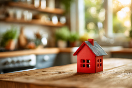 A charming miniature red cottage with a gray roof rests atop a wooden surface, basking in golden sunlight within a warm, inviting kitchen ambiance.の写真素材