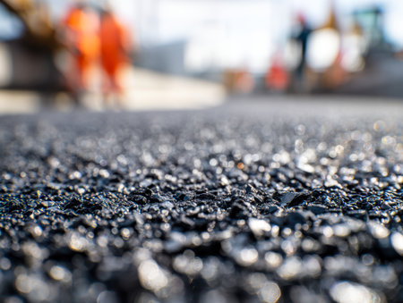 A newly paved roadway shines under bright sunlight, its slick surface reflecting the light, while distant figures in orange gear work diligently in the outdoors.の写真素材