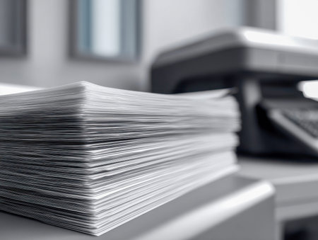 A towering pile of pristine white sheets rests on a sleek desk, with a softly blurred printer in the...