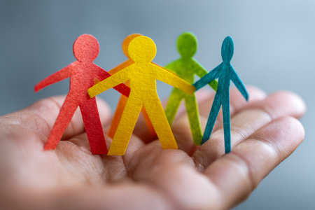 A gentle hand displays vibrant paper figures representing inclusion and collaboration, set against a subtle, calming backdrop that emphasizes harmony and collectiveの写真素材