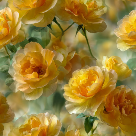 Bright yellow roses flourish amid verdant foliage, forming a cheerful, inviting garden scene ideal for celebrating spring's renewal and blooming beauty.の写真素材