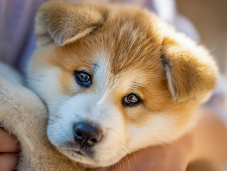 A tiny, fluffy pup with tender features rests in gentle hands, basking in golden rays that highlight...