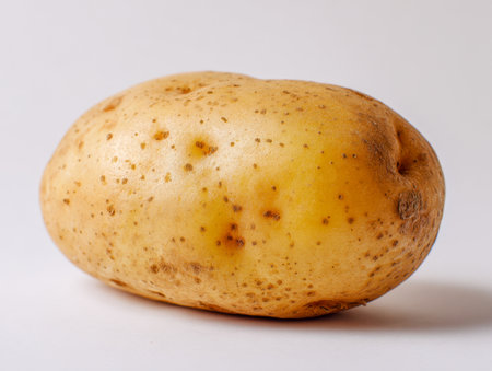 A single unprocessed potato showing its rugged, textured surface and earthy hue, emphasized against a pristine white backdrop, capturing its organic charm and naturaの写真素材