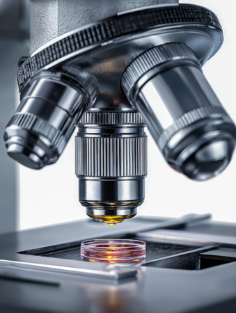 A sleek, high-tech microscope hones in on a vibrant red specimen within a petri dish, illuminated by...