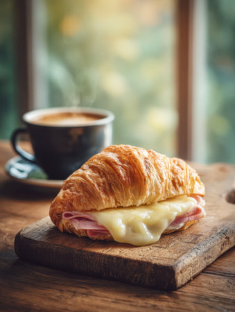 Crispy golden croissant packed with ham and gooey cheese rests on weathered wood, accompanied by a fragrant, steaming coffee under soft window glow.の写真素材