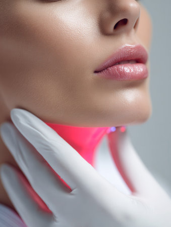 A clinician in pristine white gloves gently inspects a woman's throat, bathed in calming red light, conveying a focus on precise diagnosis and patient care against a neutralの写真素材