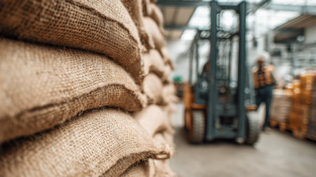 Rows of coarse-textured sacks ready for transport, with a focused operator maneuvering a forklift amid busy storage racks in an expansive industrial settingの写真素材