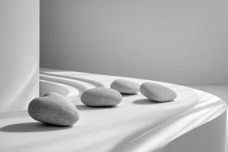 Four polished pebbles rest gracefully on a softly undulating white surface, illuminated by gentle light that emphasizes tranquility and balance in minimalist design.の写真素材