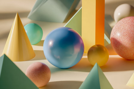A vibrant arrangement of rounded and pointed forms in lively hues, illuminated softly to highlight their textures and create a balanced visual harmony.の写真素材