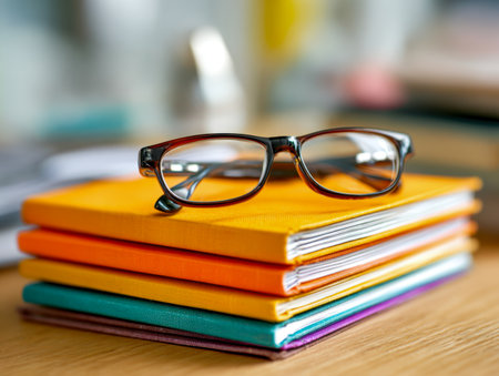 Elegant reading glasses rest atop a vibrant tower of hardcover notebooks, set on a warm wooden surface, evoking focus and creative productivity in a cozy workspace.の写真素材