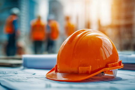A vibrant orange helmet sits atop detailed blueprints, with the lively activity of construction team members in safety gear blurred behind, emphasizing cooperation aの写真素材