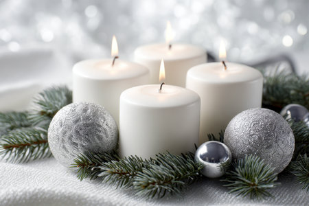 A sophisticated winter centerpiece featuring glowing white candles, shimmering silver accents, and lush pine greenery, set against a plush white cloth for festive charm.の写真素材