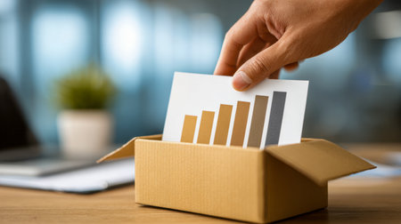 An individual carefully inserts a rising sales graph into a compact cardboard container on a wooden desk, symbolizing data consolidation or strategic packaging in aの写真素材