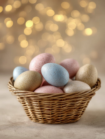 A vibrant assortment of patterned eggs nestled in a rustic basket, illuminated by soft, glowing...