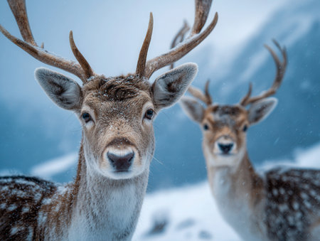 In a serene winter scene, a pair of youthful deer with majestic antlers stand amidst softly falling snow against rugged mountain slopes, evoking peaceful wilderness.の写真素材