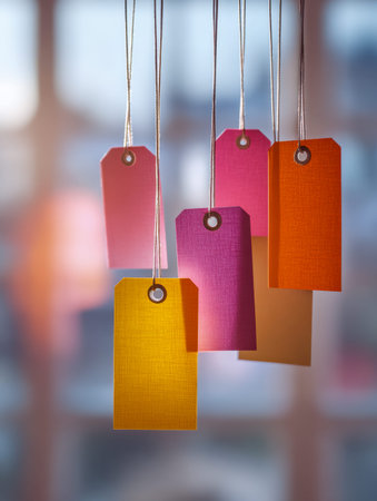 Brightly hued tags sway gently on strings against a dreamy, blurred backdrop, ideal for adding...