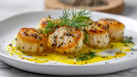 Golden, perfectly cooked scallops topped with aromatic dill and cracked pepper, glistening with a...