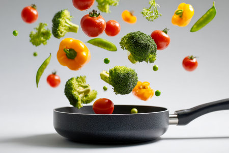 Colorful variedad of garden-fresh produce, with bright cherry tomatoes, crisp broccoli, sunny yellow peppers, and lush green peas soaring above a sleek non-stick skiの写真素材