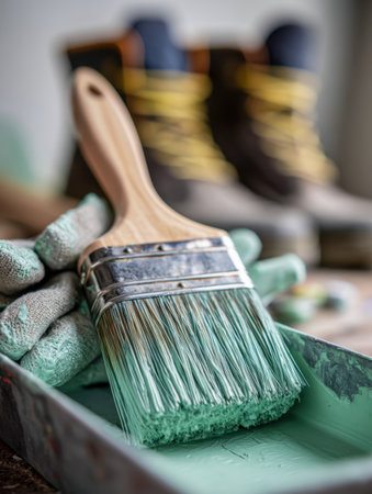 A fresh stroke of light green adorns a painter?s brush nestled in a tray, with sturdy gloves and work boots softly fading into the background, ready for a renovation.の写真素材