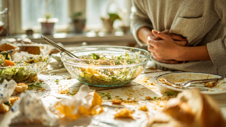 A person grimacing and clutching their abdomen amid cluttered dinnerware, suggesting discomfort from overindulgence or upset stomach after a busy meal.の写真素材
