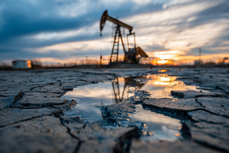 A stark silhouette of a pumpjack mirrors in a rainwater puddle amid cracked earth, illuminated by a fiery sunset in a desolate, arid terrain.の写真素材