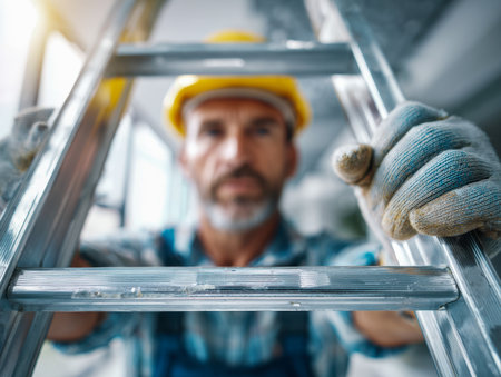 A seasoned handyman dons protective gear as he carefully ascends a tall ladder inside a renovation site, focused on improving the space's structure.の写真素材