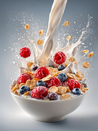 A dynamic moment shows creamy milk cascading into a bowl layered with crispy cereal and colorful berries, bursting with freshness and lively motion against a simple backdの写真素材