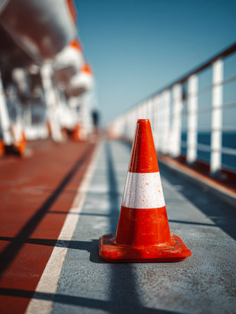 A vivid orange marker stands alert on a compact vessel corridor, bordered by safety rails and positioned near lifeboats, under a cloudless, sunlit sky.の写真素材